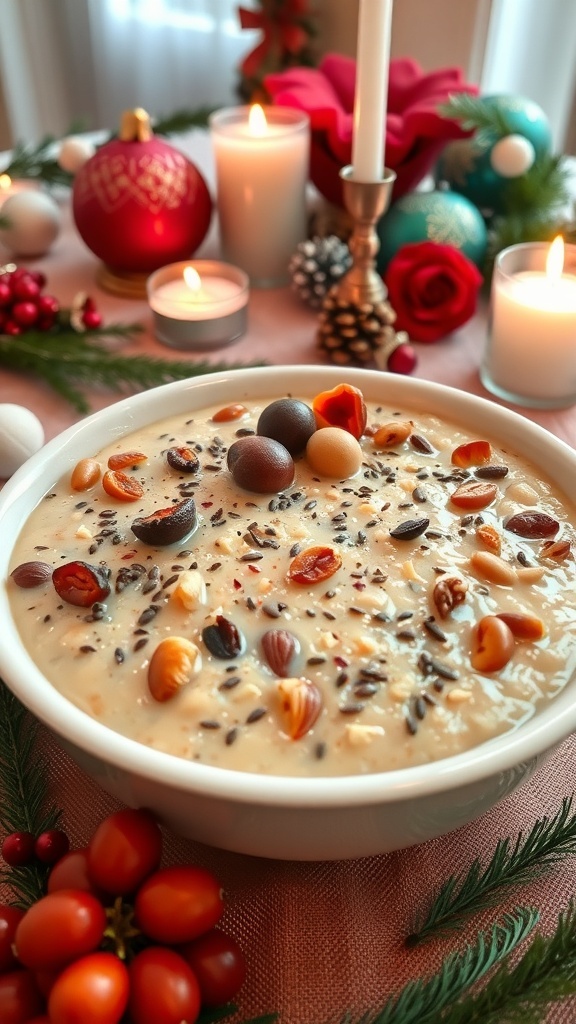 Traditional Ukrainian Christmas Recipe: Kutia A bowl of sweet Ukrainian Kutia with poppy seeds and nuts, surrounded by Christmas decorations.